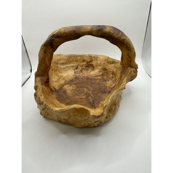 VTG Large Hand Carved Wood Tree Burl Wooden Bowl Basket Handle Shan Mu Tree - Picture 4 of 15